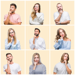 Fototapeta na wymiar Collage of group people, women and men over colorful yellow isolated background with hand on chin thinking about question, pensive expression. Smiling with thoughtful face. Doubt concept.