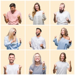Collage of group people, women and men over colorful yellow isolated background very happy and...