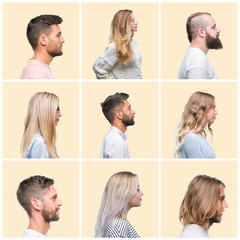 Collage of group people, women and men over colorful yellow isolated background looking to side,...