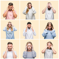 Collage of group people, women and men over colorful yellow isolated background with hand on head...