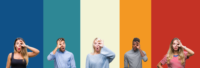 Collage of group of young people over colorful vintage isolated background doing ok gesture shocked with surprised face, eye looking through fingers. Unbelieving expression.