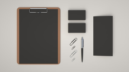 Clipboard, business cards, leaflet, paper clips and pen