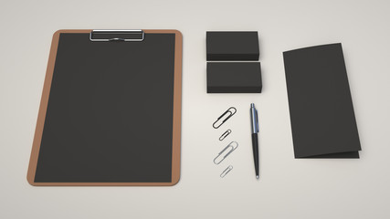 Clipboard, business cards, leaflet, paper clips and pen