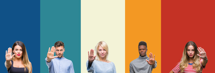 Collage of group of young people over colorful vintage isolated background doing stop sing with palm of the hand. Warning expression with negative and serious gesture on the face.