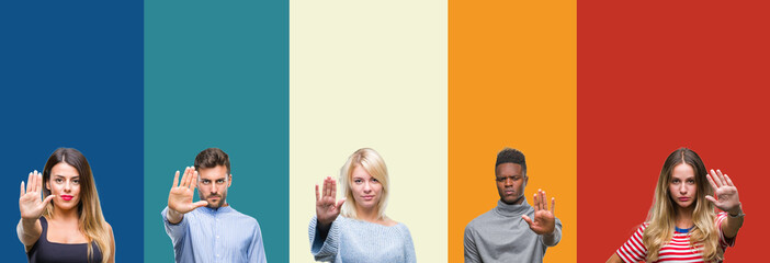 Collage of group of young people over colorful vintage isolated background doing stop sing with...