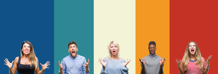 Collage of group of young people over colorful vintage isolated background crazy and mad shouting and yelling with aggressive expression and arms raised. Frustration concept.