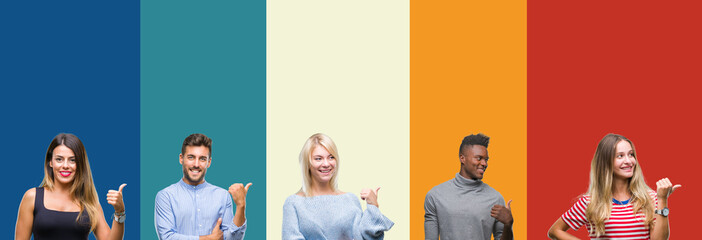 Collage of group of young people over colorful vintage isolated background smiling with happy face looking and pointing to the side with thumb up.