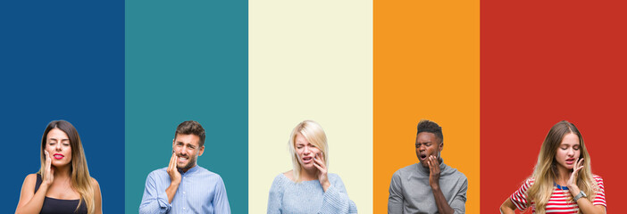 Fototapeta premium Collage of group of young people over colorful vintage isolated background touching mouth with hand with painful expression because of toothache or dental illness on teeth. Dentist concept.