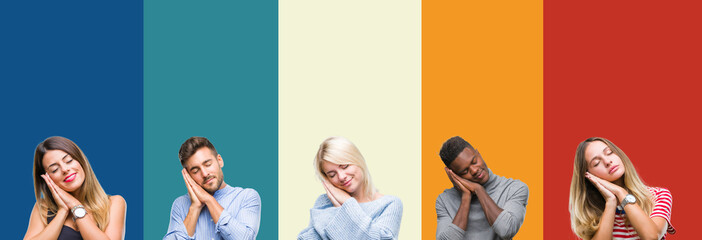 Obraz premium Collage of group of young people over colorful vintage isolated background sleeping tired dreaming and posing with hands together while smiling with closed eyes.