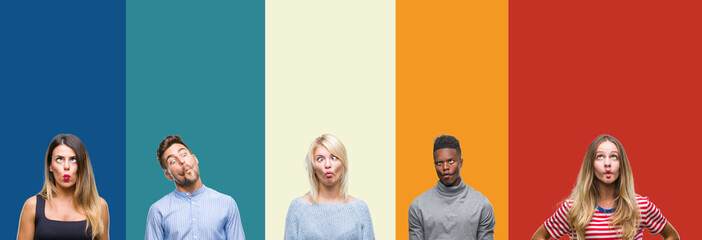 Obraz premium Collage of group of young people over colorful vintage isolated background making fish face with lips, crazy and comical gesture. Funny expression.