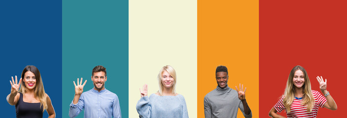 Obraz premium Collage of group of young people over colorful vintage isolated background showing and pointing up with fingers number four while smiling confident and happy.