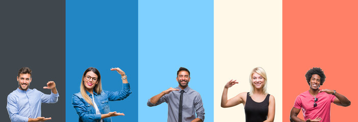 Collage of group of young people over colorful vintage isolated background gesturing with hands showing big and large size sign, measure symbol. Smiling looking at the camera. Measuring concept.