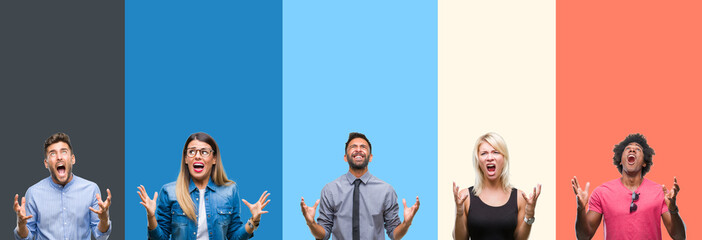 Collage of group of young people over colorful vintage isolated background crazy and mad shouting and yelling with aggressive expression and arms raised. Frustration concept.