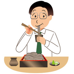 蕎麦を食べる男性会社員