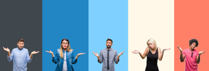Collage of group of young people over colorful vintage isolated background clueless and confused expression with arms and hands raised. Doubt concept.