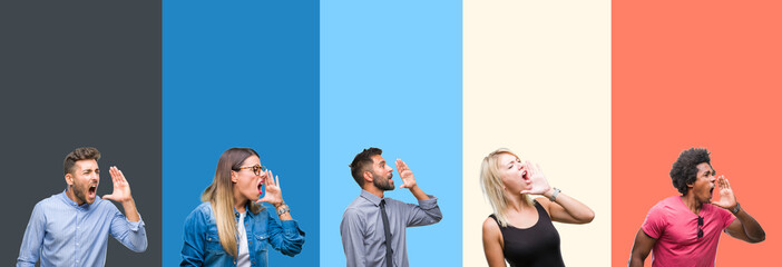 Collage of group of young people over colorful vintage isolated background shouting and screaming loud to side with hand on mouth. Communication concept.