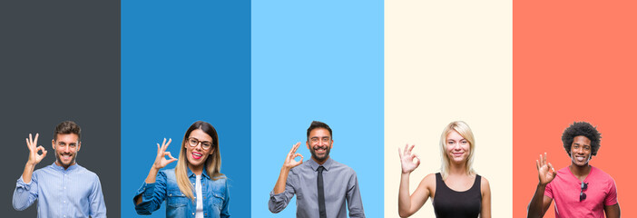 Collage of group of young people over colorful vintage isolated background smiling positive doing ok sign with hand and fingers. Successful expression. - obrazy, fototapety, plakaty