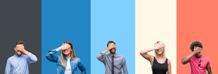 Collage of group of young people over colorful vintage isolated background smiling and laughing with hand on face covering eyes for surprise. Blind concept.