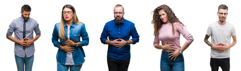 Collage of group of young casual people over isolated background with hand on stomach because indigestion, painful illness feeling unwell. Ache concept.