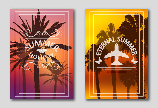Set of two posters, silhouettes of palm trees against the sky. Invitation leaflet for tourists and travelers. Logo from the plane and butterflies. 10 eps