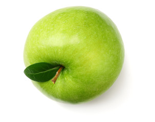 one green apple isolated on white background. top view