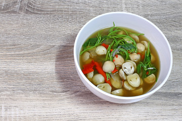 mushroom soup thai tradition food on wood background