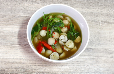 mushroom soup thai tradition food on wood background