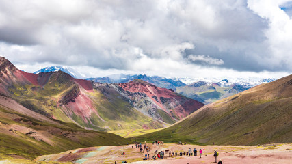 View of a way followed by the tourists to reach the peak of the Vinicunca mountain (Rainbow Mountain)