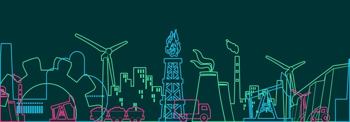 Concept of industrial plant and manufacture building. Energy and Power icons set. Energy generation and heavy industry. Modern brochure, report or cover design template. Thin lines style