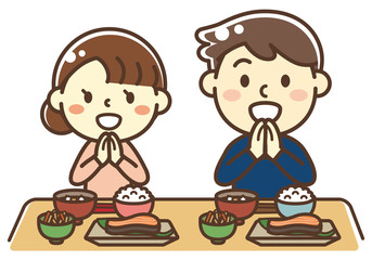 朝食（和）を食べる夫婦　いただきます
