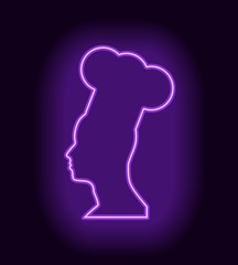 Chef in a cooking hat silhouette. Kitchen simple thin line icon. Neon bulb shine