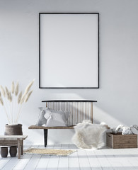 Mock-up poster frame in shabby Scandinavian interior background,  3d render