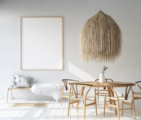 Home interior with poster mockup, Scandinavian Bohemian style, 3d render © artjafara