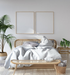 Mock-up poster frame in Scandinavian bedroom, Bohemian style, 3d render - obrazy, fototapety, plakaty