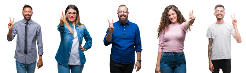 Collage of group of young casual people over isolated background showing and pointing up with fingers number two while smiling confident and happy.