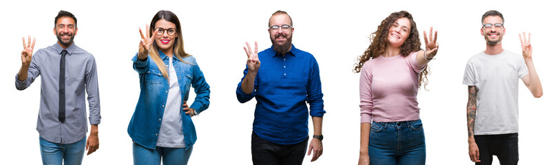 Collage of group of young casual people over isolated background showing and pointing up with fingers number three while smiling confident and happy.