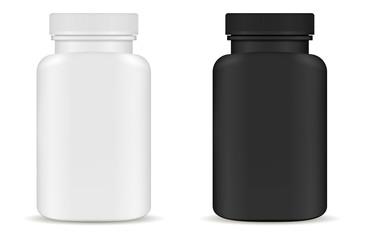 Drug medical bottles set. Black and white 3d Vector illustration. Mockup Template of medicine packaging for pills, capsule, drugs. Sports and health life supplements.