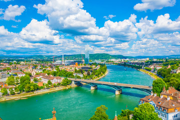 Riverside of Rhine dominated by the Roche tower in Switzerland
