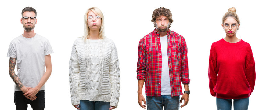 Collage of group of young people over white isolated background puffing cheeks with funny face. Mouth inflated with air, crazy expression.
