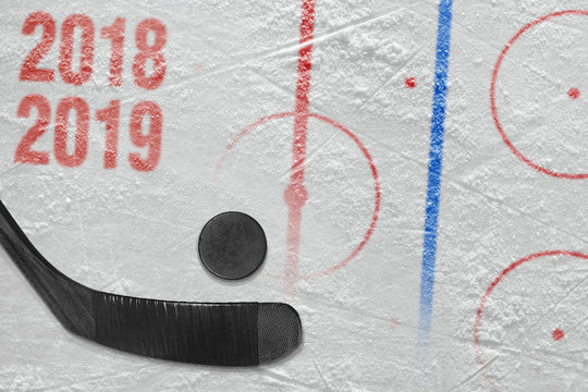 Stick, puck and hockey arena fragment with markup