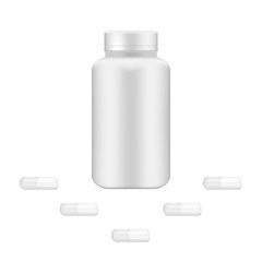 Medical pill bottle with capsules - white can of pills, vector mockup