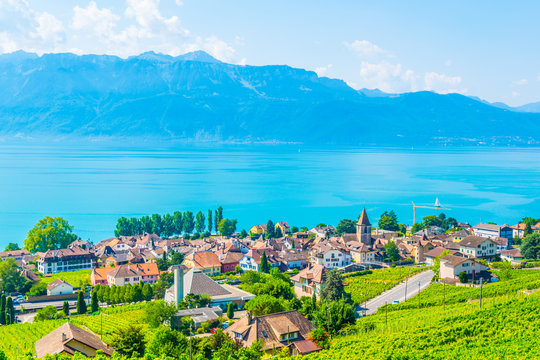 Aerial view of Bourg en Lavaux, Lutry and Geneva lake in Switzerland