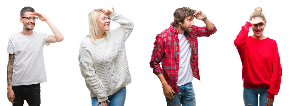 Collage Of Group Of Young People Over White Isolated Background Very Happy And Smiling Looking Far Away With Hand Over Head. Searching Concept.