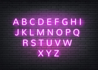 Vector neon alphabet retro letters on brick wall