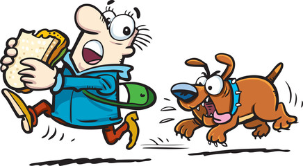 man run away from angry dog