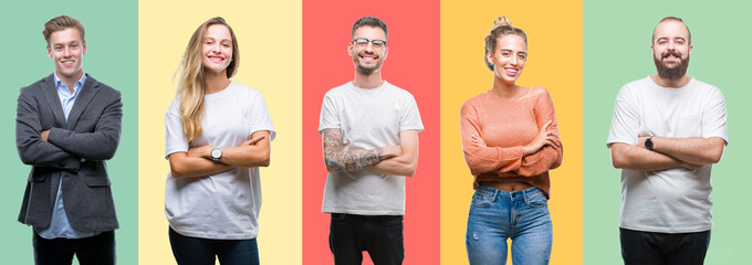 Collage of group people, women and men over colorful isolated background happy face smiling with crossed arms looking at the camera. Positive person.