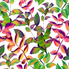 Decorative fall leaves seamless pattern for surface design, fabric, wrapping paper, background. Abstract style spring illustration. natural leaf simple repeatable motif on white background