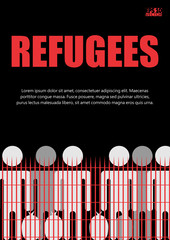 Migrants and refugees are standing behind closed and shut barrier, fence made of barbed wire. Eps10 vector illustration