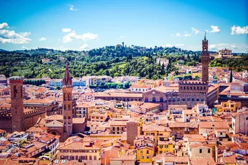 Foto op Canvas Beautiful panoramic view of Florence city skyline - towers, basilicas, red-tiled roofs of houses and mountains on the horizon, Florence, Tuscany, Italy © lara-sh
