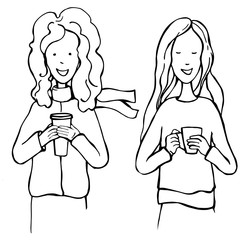 Hand drawn smiling pretty woman with cup of coffee. Vector sketch  illustration.